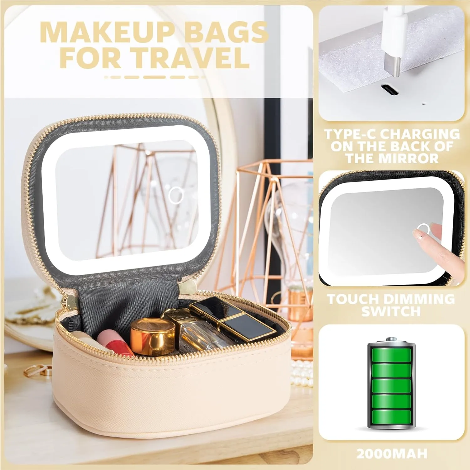 Small Makeup Bag Travel Train Case with Mirror and Light Mini Travel Small Makeup Train Case Cosmetic Organizer 3 Adjustable Brightness Toiletry Bag Portable Artist Storage