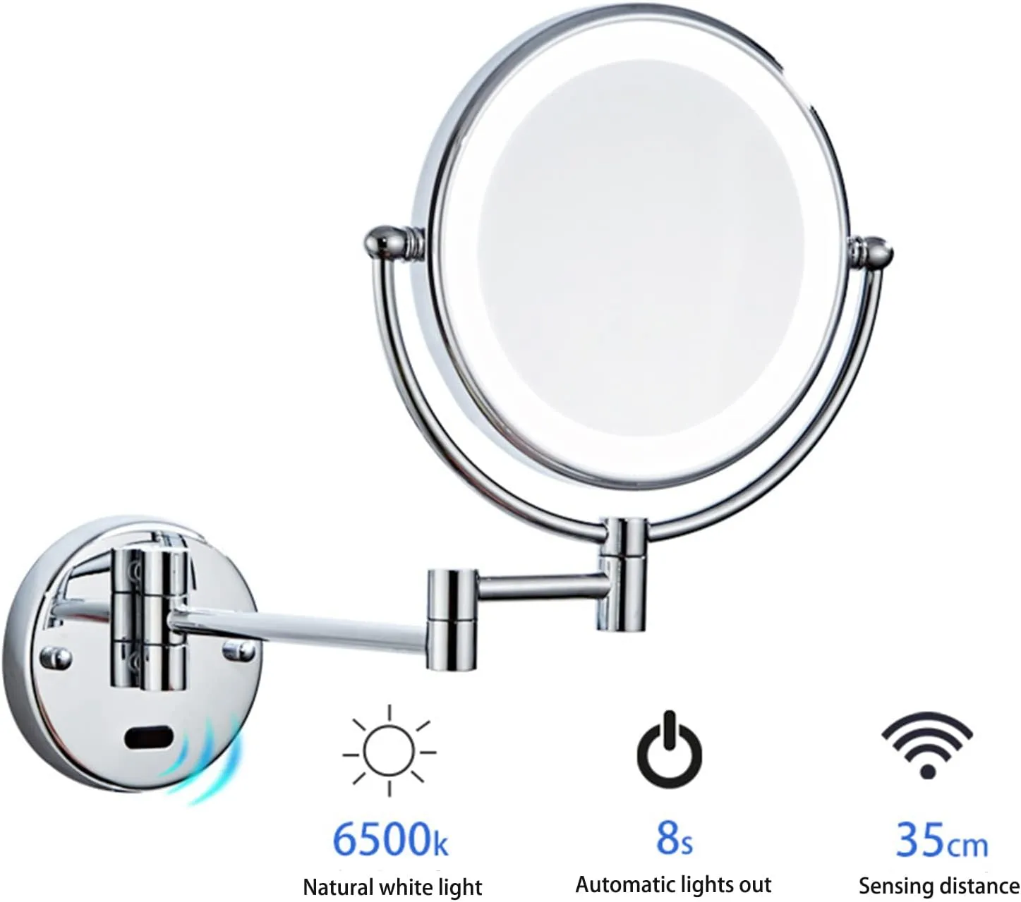 Smart Sensor LED Makeup Mirror with Lights and Magnification, Chrome Double Sided Wall Mounted Extendable Vanity Mirror,Hardwired,10X(USB,10X)