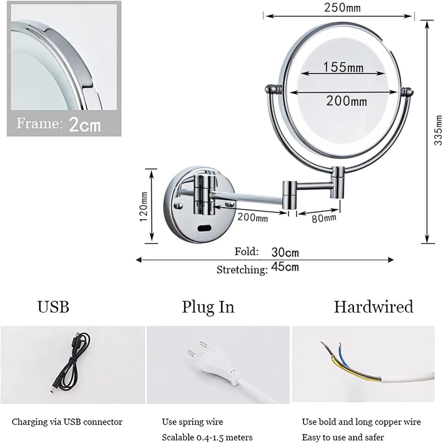 Smart Sensor LED Makeup Mirror with Lights and Magnification, Chrome Double Sided Wall Mounted Extendable Vanity Mirror,Hardwired,10X(USB,10X)