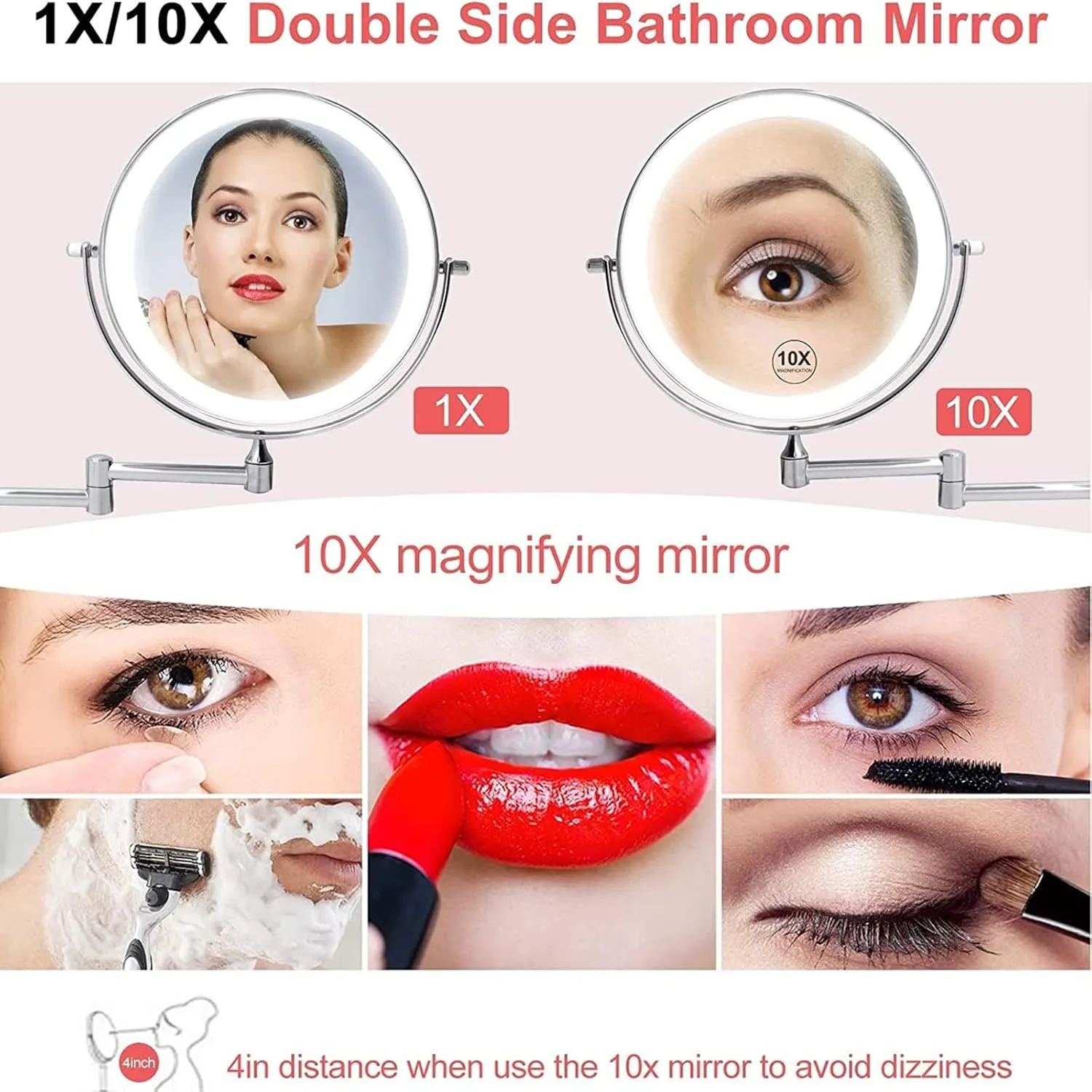 Smart Sensor LED Makeup Mirror with Lights and Magnification, Chrome Double Sided Wall Mounted Extendable Vanity Mirror,Hardwired,10X(USB,10X)