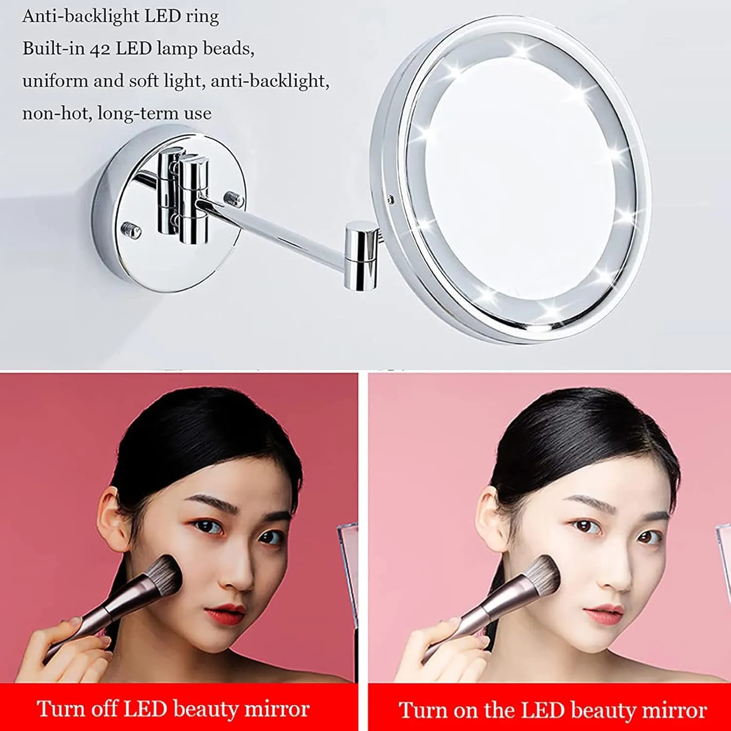 Smart Sensor LED Makeup Mirror with Lights and Magnification, Chrome Double Sided Wall Mounted Extendable Vanity Mirror,Hardwired,10X(USB,10X)