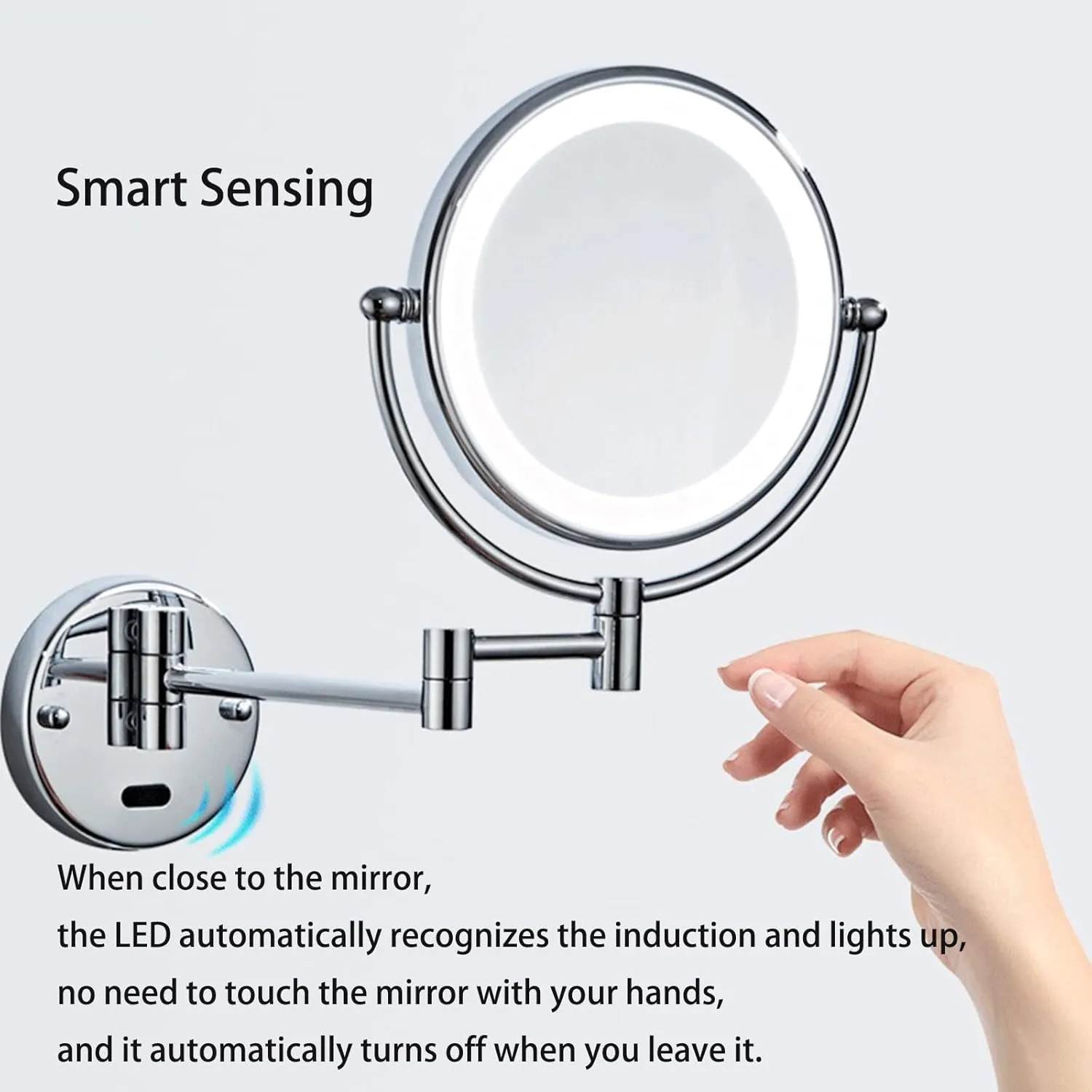 Smart Sensor LED Makeup Mirror with Lights and Magnification, Chrome Double Sided Wall Mounted Extendable Vanity Mirror,Hardwired,10X(USB,10X)