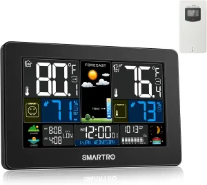 SMARTRO Weather Station Wireless Indoor Outdoor Thermometer for Home, Large Color Display Digital Clock, Forecast with Barometer, Ambient Temperature Humidity Monitor with Moon Phase