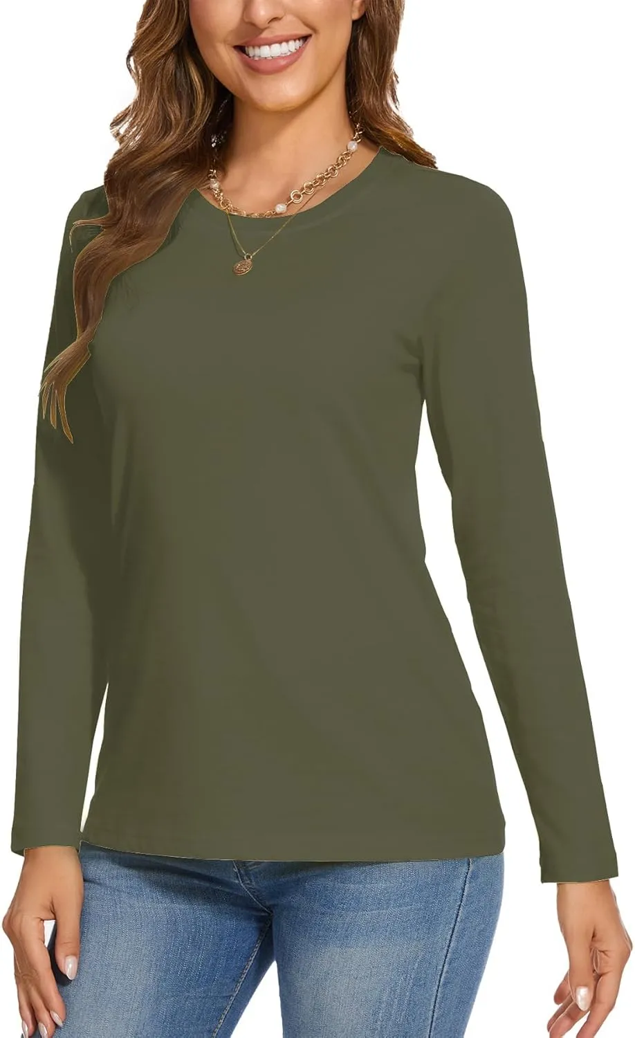 SMENG Women's Long Sleeve Crewneck Cotton Basic T-Shirt Solid Color Soft Comfy Casual Tops Fall Shirts for Women 2025
