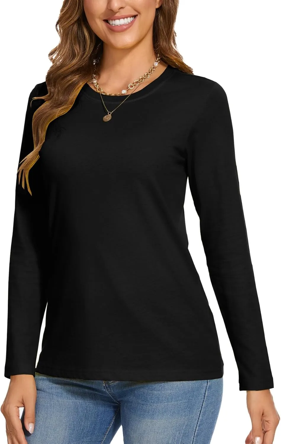 SMENG Women's Long Sleeve Crewneck Cotton Basic T-Shirt Solid Color Soft Comfy Casual Tops Fall Shirts for Women 2025