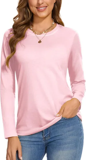 SMENG Women's Long Sleeve Crewneck Cotton Basic T-Shirt Solid Color Soft Comfy Casual Tops Fall Shirts for Women 2025