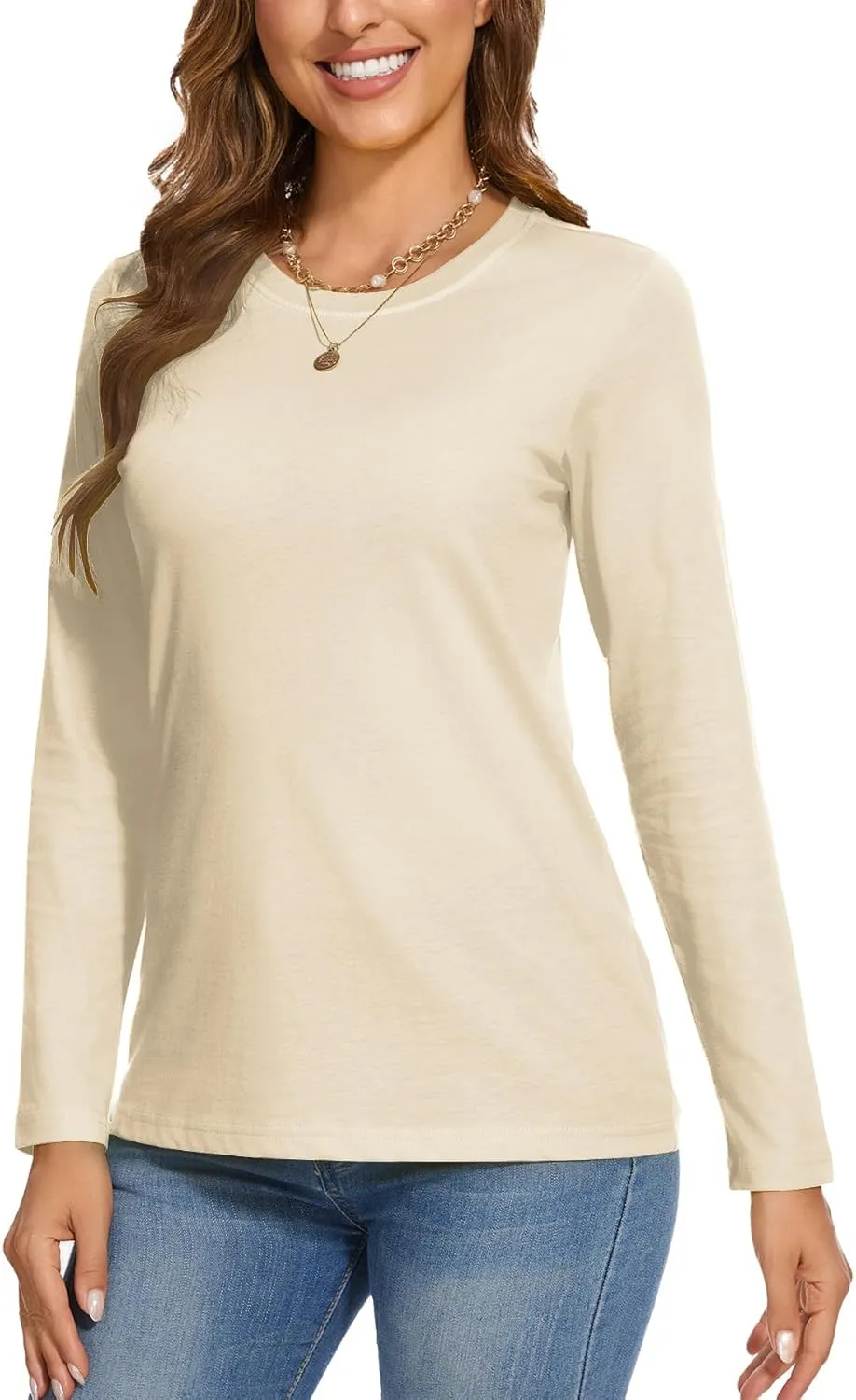 SMENG Women's Long Sleeve Crewneck Cotton Basic T-Shirt Solid Color Soft Comfy Casual Tops Fall Shirts for Women 2025