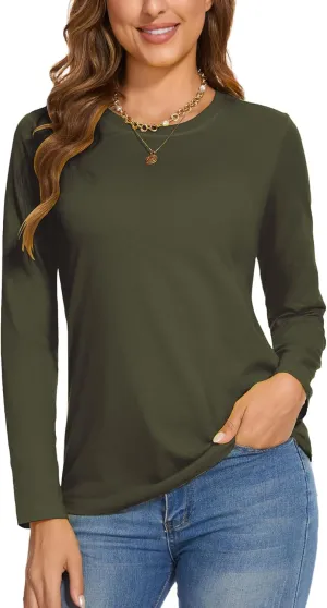 SMENG Women's Long Sleeve Crewneck Cotton Basic T-Shirt Solid Color Soft Comfy Casual Tops Fall Shirts for Women 2025
