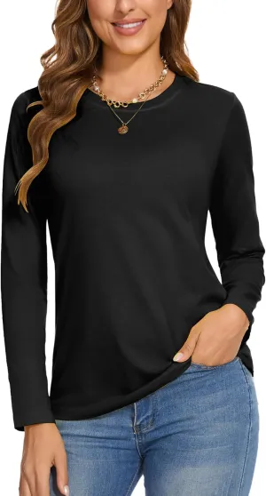 SMENG Women's Long Sleeve Crewneck Cotton Basic T-Shirt Solid Color Soft Comfy Casual Tops Fall Shirts for Women 2025