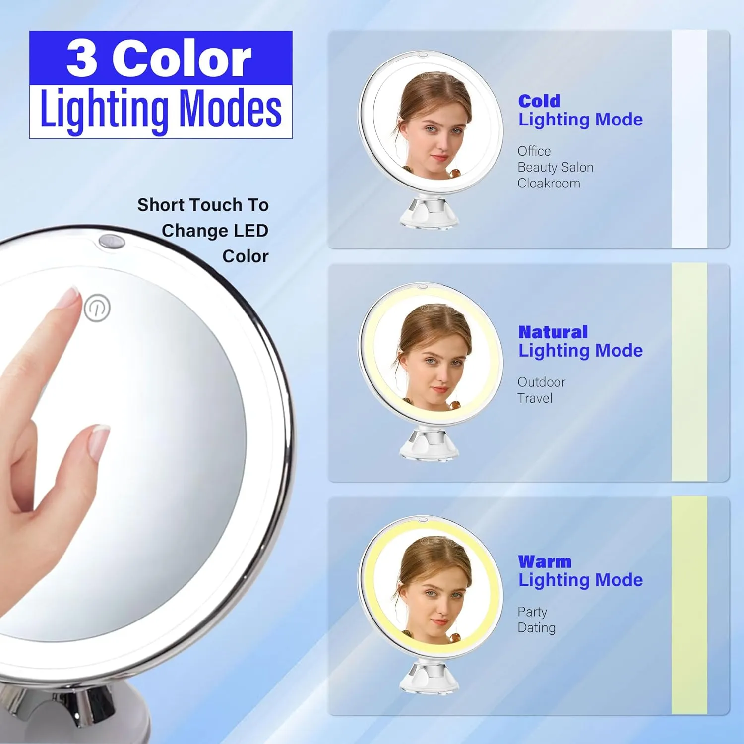Snowflakes 10x Magnifying Lighted Makeup Mirror with Lights, Suction Cups, and 360° Swivel – Touch Control, 3 Light Modes – Ideal for Home, Bathroom Vanity, and Travel
