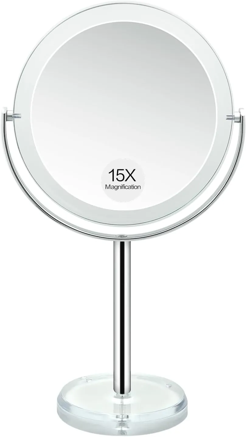 Snowflakes Double Sided 1X / 15X Magnifying Makeup Mirror with Stand - 6.7 Inch Tabletop Vanity Mirror for Bathroom or Bedroom with 360° Rotation.