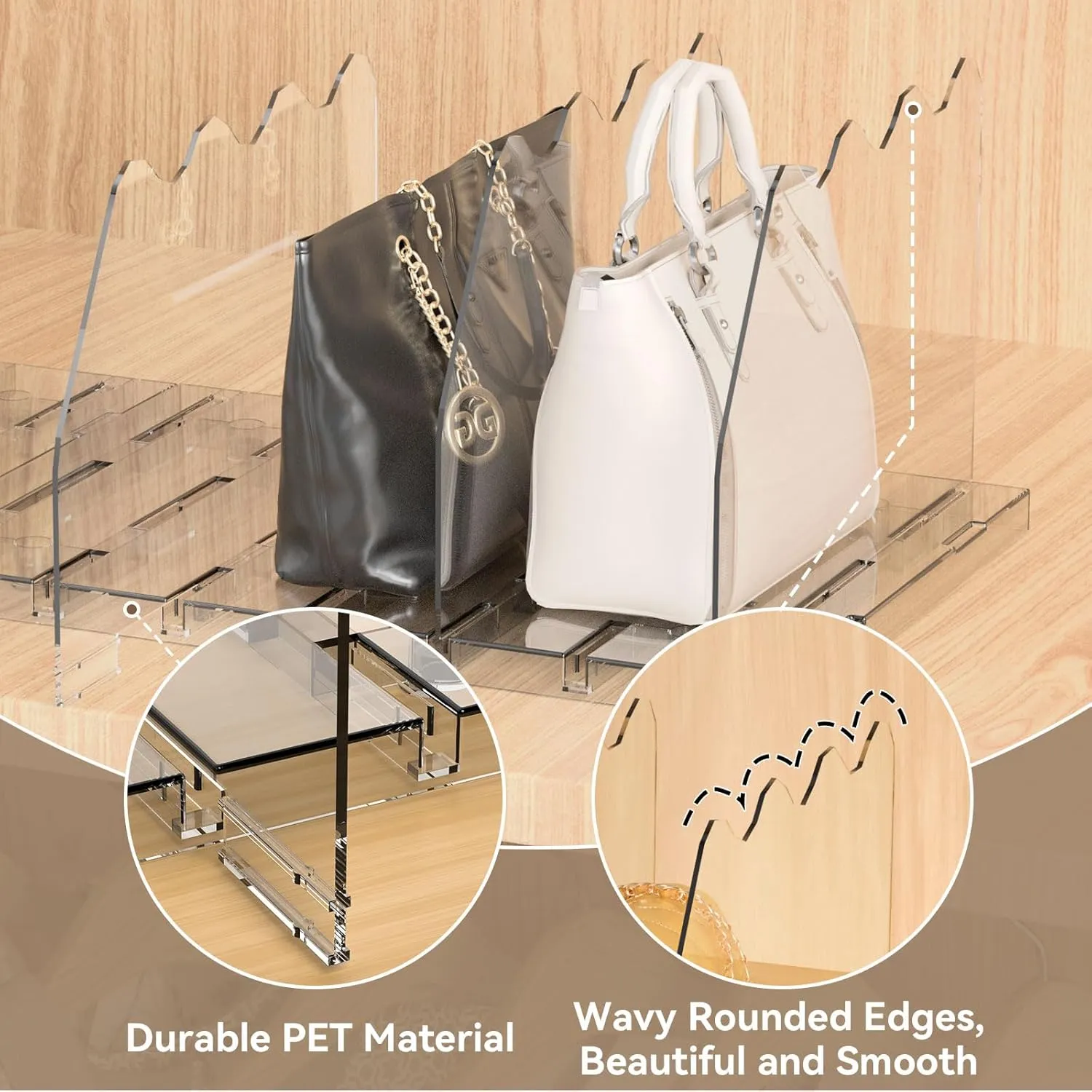 SOYO Adjustable Clear Purse Organizers for Closet, Acrylic Shelf Divider for Bag and Purse Storage, Clear Pocketbook and Handbag Organizer, Bookshelf Separator Organizers for House, Office Use, Clear