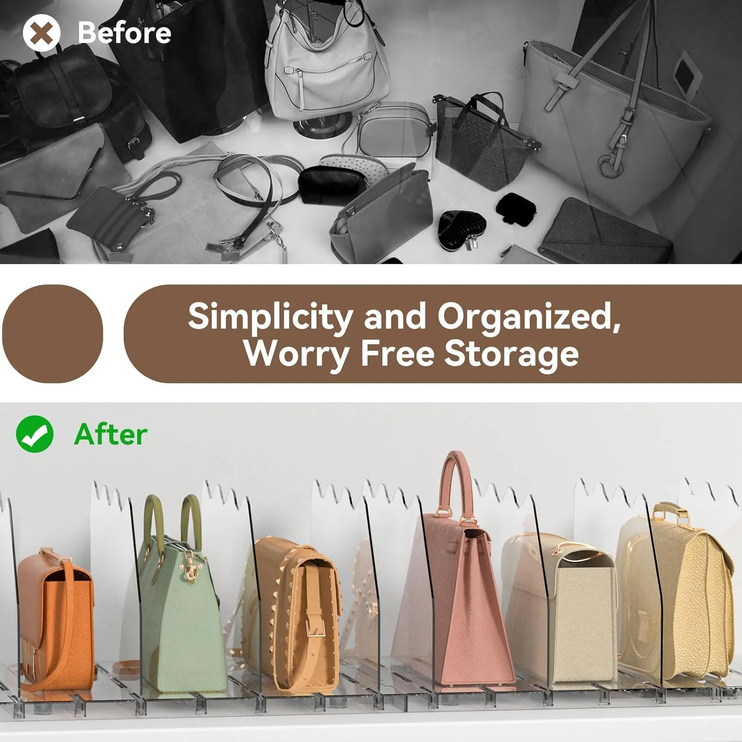 SOYO Adjustable Clear Purse Organizers for Closet, Acrylic Shelf Divider for Bag and Purse Storage, Clear Pocketbook and Handbag Organizer, Bookshelf Separator Organizers for House, Office Use, Clear
