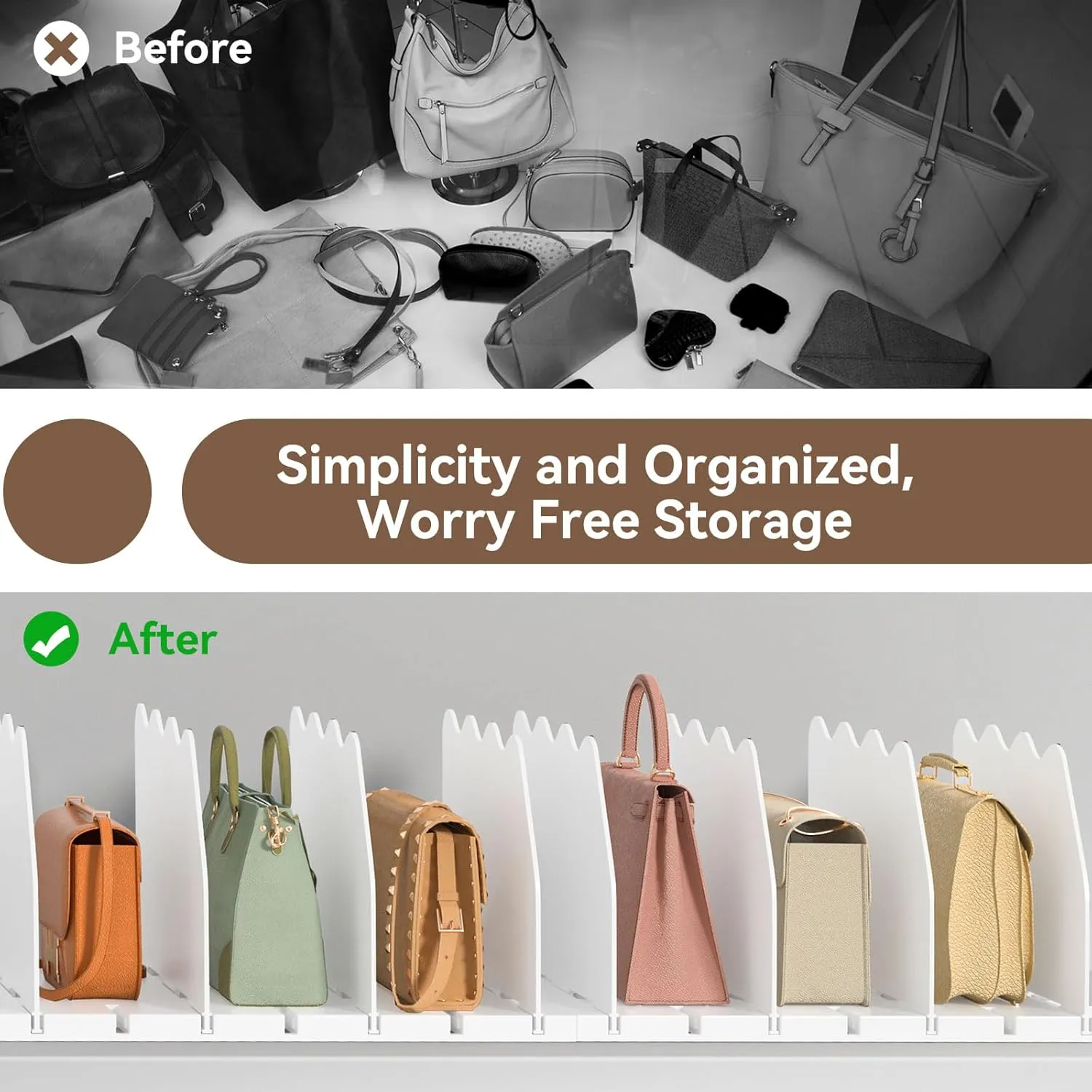SOYO Adjustable Clear Purse Organizers for Closet, Acrylic Shelf Divider for Bag and Purse Storage, Clear Pocketbook and Handbag Organizer, Bookshelf Separator Organizers for House, Office Use, White