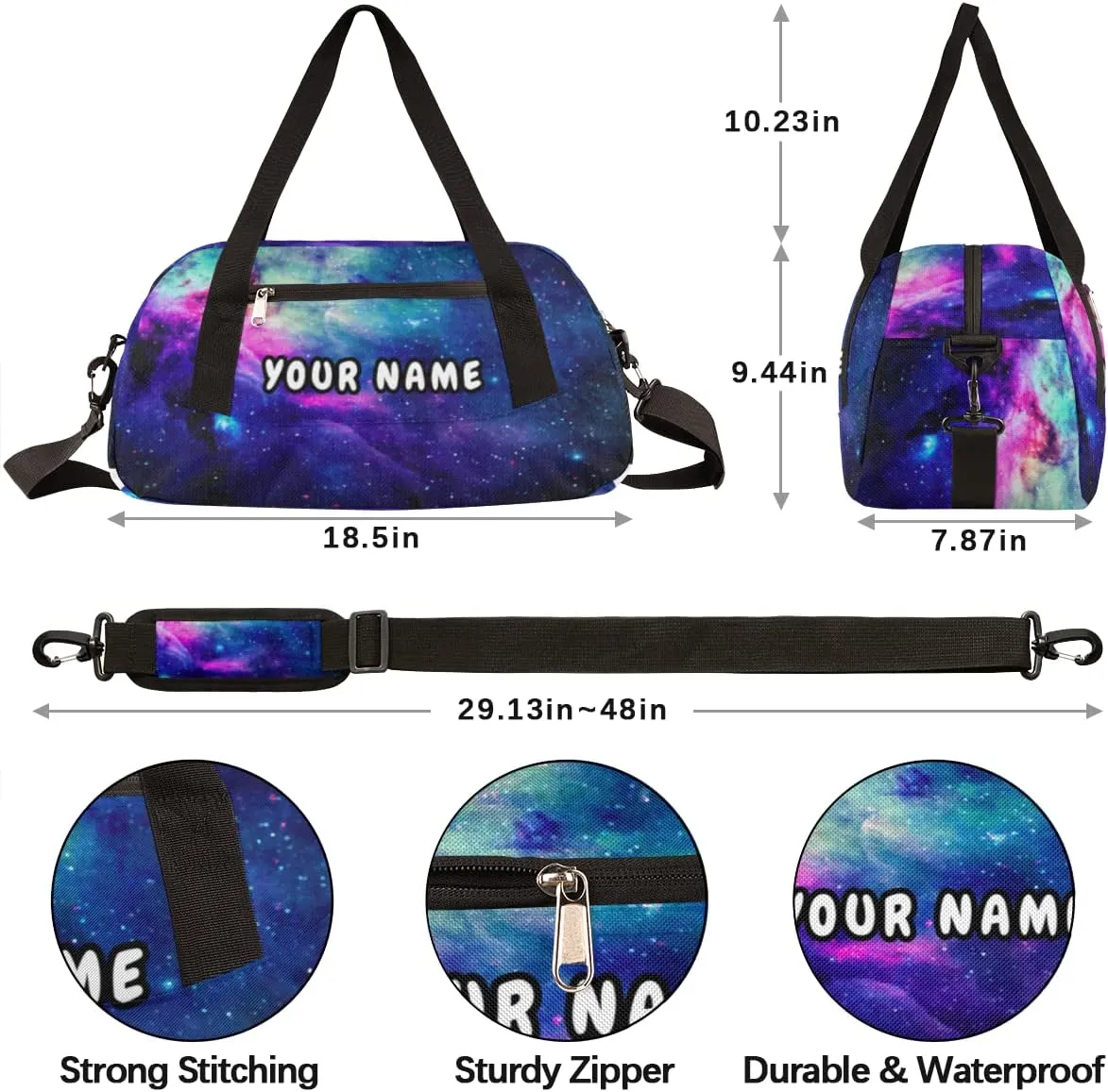 Space Personalized Kids Duffel Bag for Girls Boys, Nebula Customized Name Dance Bag Overnight Small Duffel Bag Carry On Weekend Sports Gym Travel Bag for School Practice Gymnastics Ballet