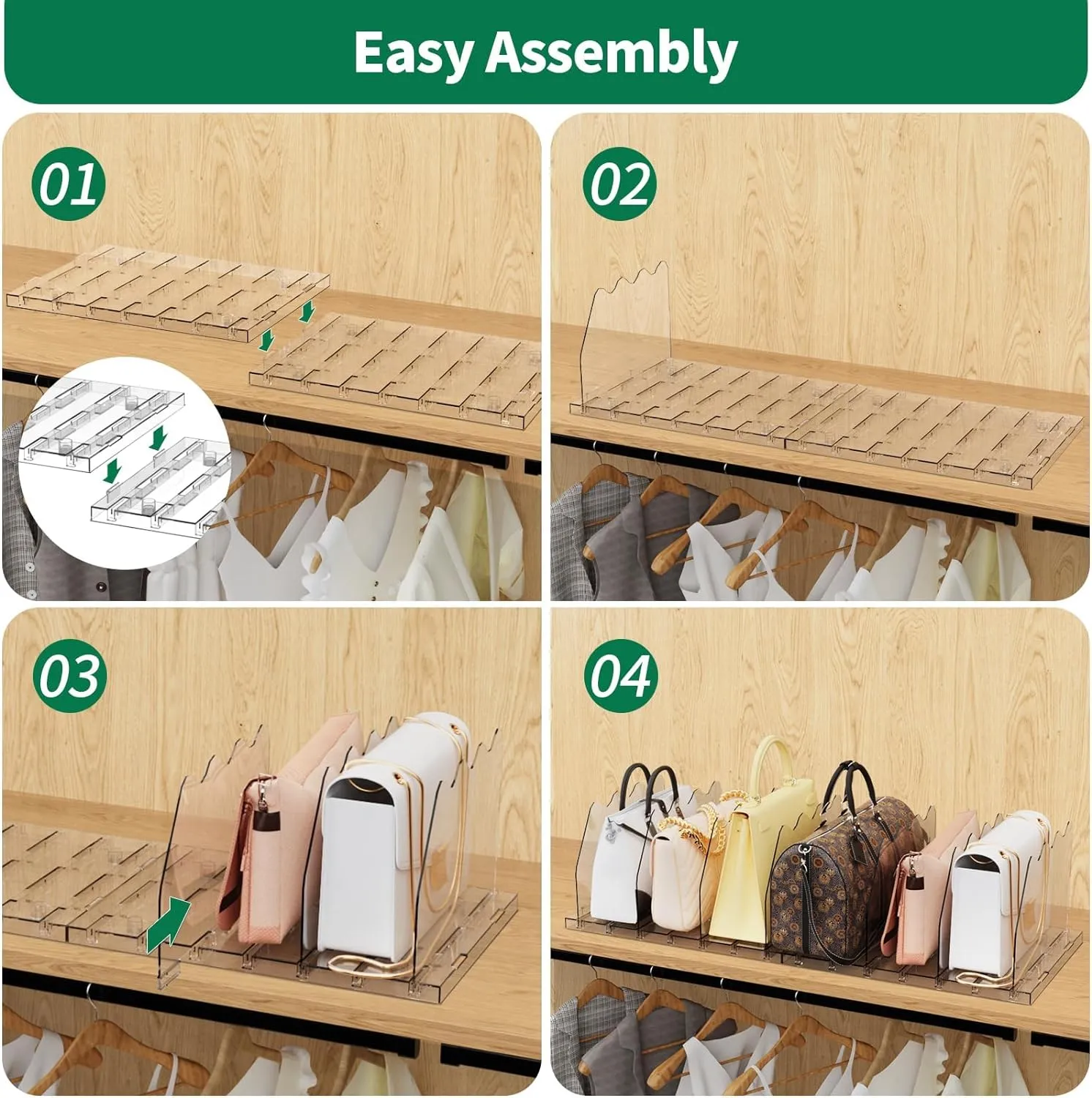 SPACEKEEPER Adjustable Shelf Divider for Closet, Clear Purse Organizers for Closet Acrylic Handbag Separators Storage Organizer Bookshelf Separator Dividers in Bedroom, Office
