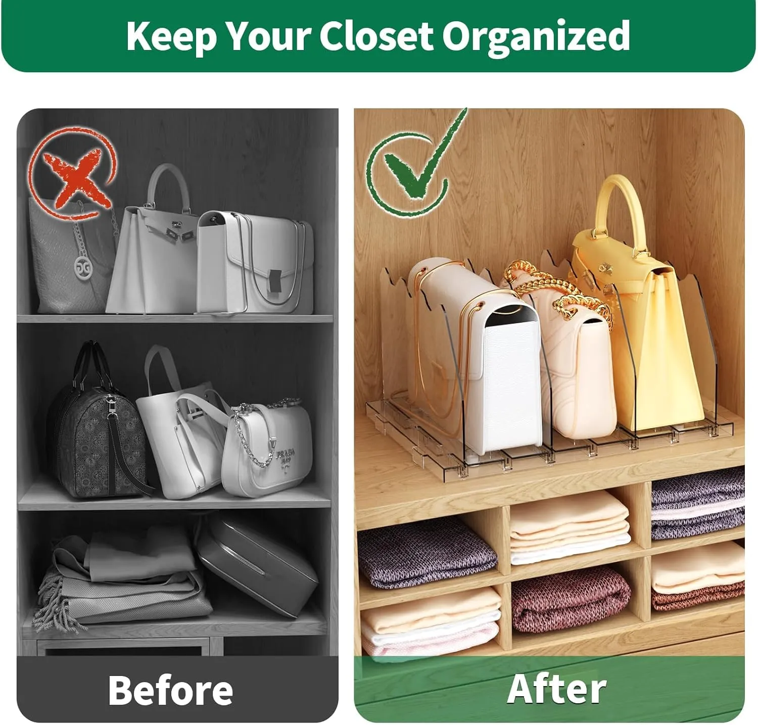 SPACEKEEPER Adjustable Shelf Divider for Closet, Clear Purse Organizers for Closet Acrylic Handbag Separators Storage Organizer Bookshelf Separator Dividers in Bedroom, Office