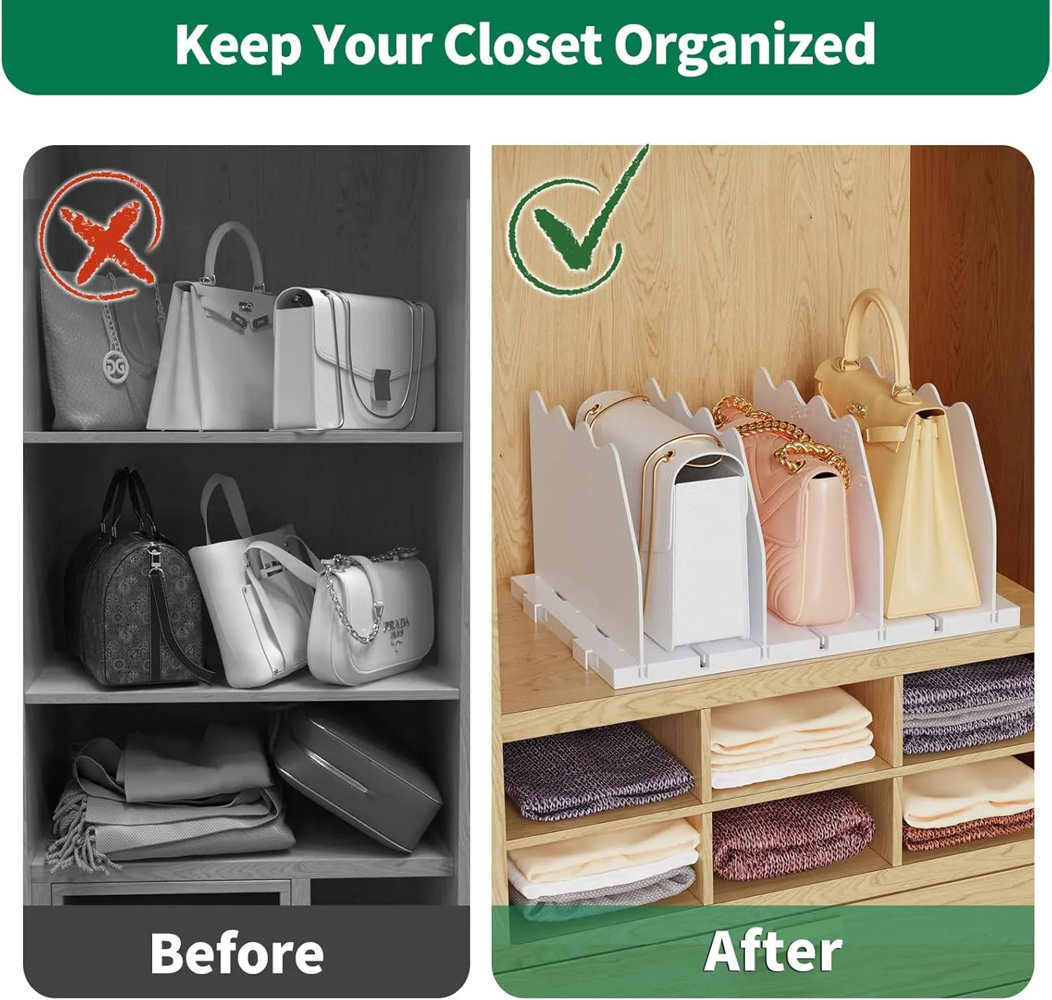 SPACEKEEPER Shelf Divider for Closet, Adjustable Purse Organizers Handbag Separators Storage Organizer Bookshelf Separator Dividers in Bedroom Office Kitchen Bathroom, White