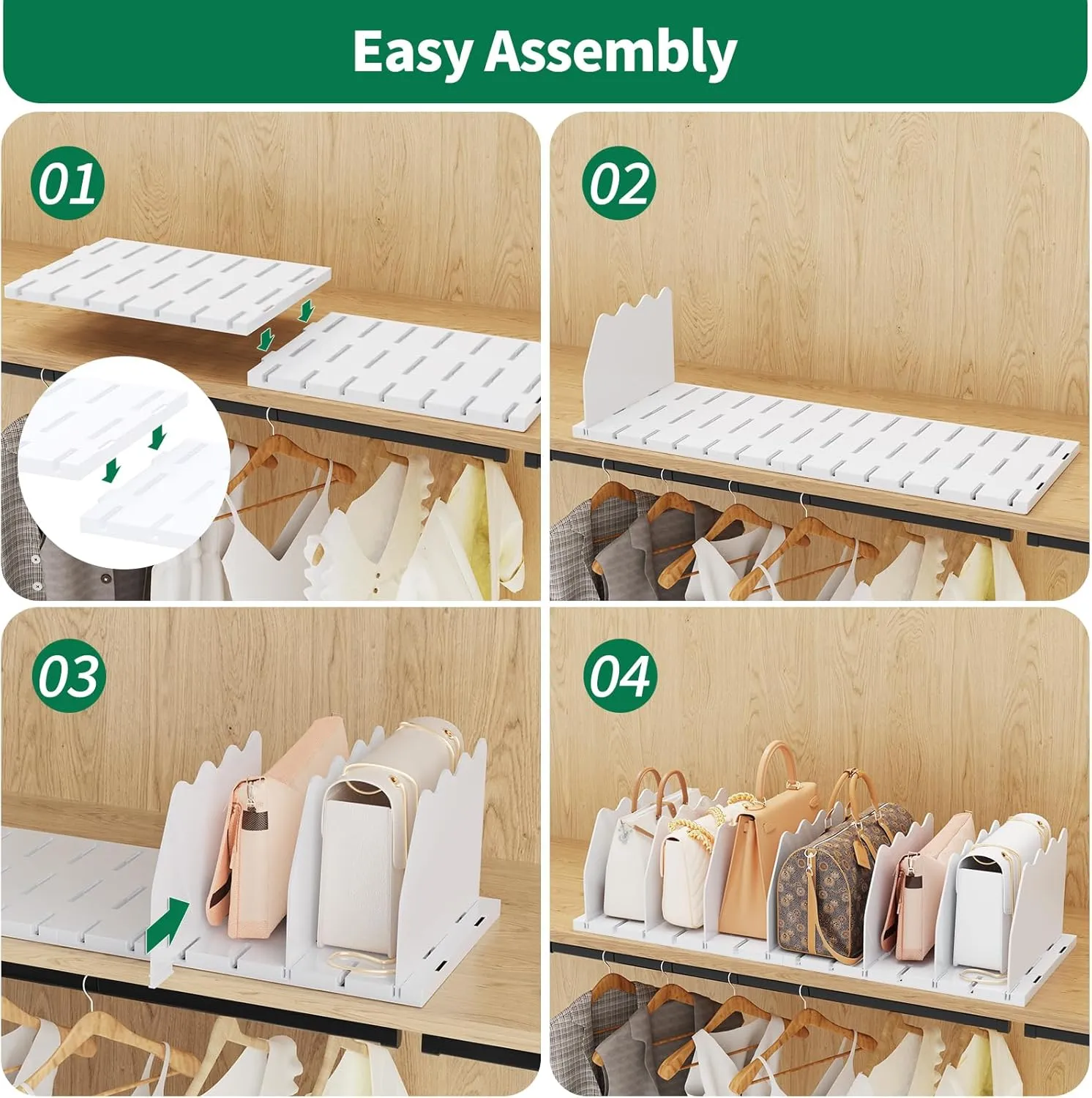 SPACEKEEPER Shelf Divider for Closet, Adjustable Purse Organizers Handbag Separators Storage Organizer Bookshelf Separator Dividers in Bedroom Office Kitchen Bathroom, White