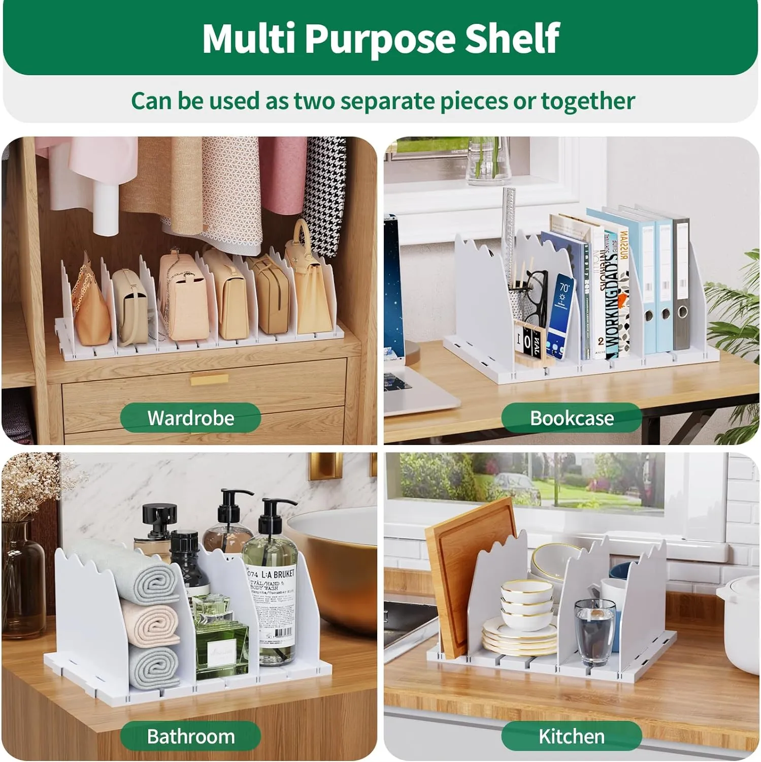 SPACEKEEPER Shelf Divider for Closet, Adjustable Purse Organizers Handbag Separators Storage Organizer Bookshelf Separator Dividers in Bedroom Office Kitchen Bathroom, White