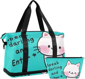 Speak Darling and Enter Cartoon Cute Funny White Cat Duffel Bags Weekender Duffel Bag with Toiletry Bag for Trip Large Capacity