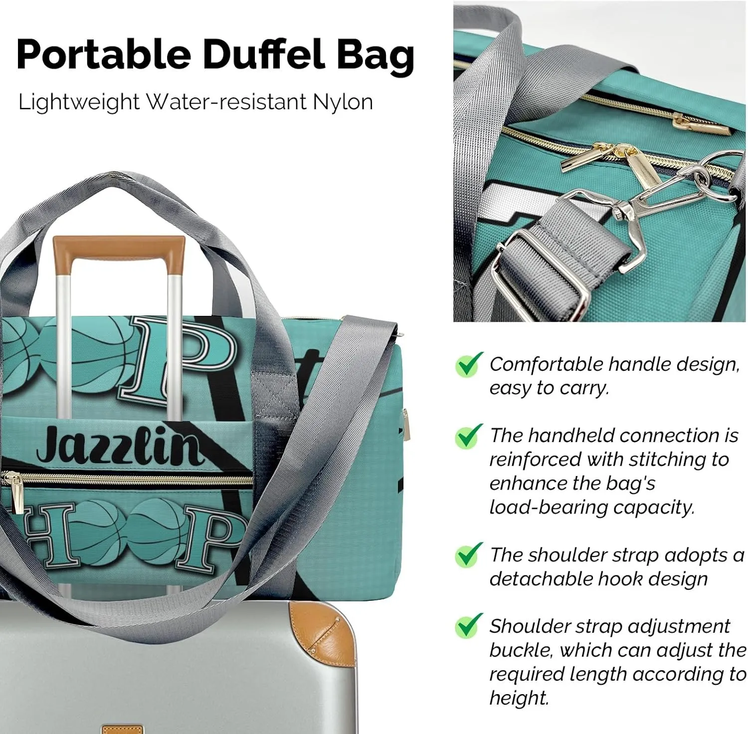Sport Player Duffle Bag for Travel,Personalized Hoop Basketball Teal Carry on Bag Travel Bags Overnight Weekend Gym Bag Carry On Luggage Bags