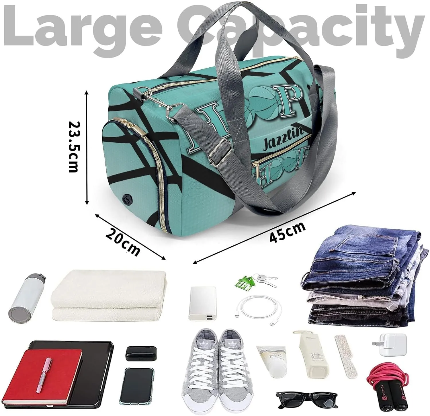 Sport Player Duffle Bag for Travel,Personalized Hoop Basketball Teal Carry on Bag Travel Bags Overnight Weekend Gym Bag Carry On Luggage Bags