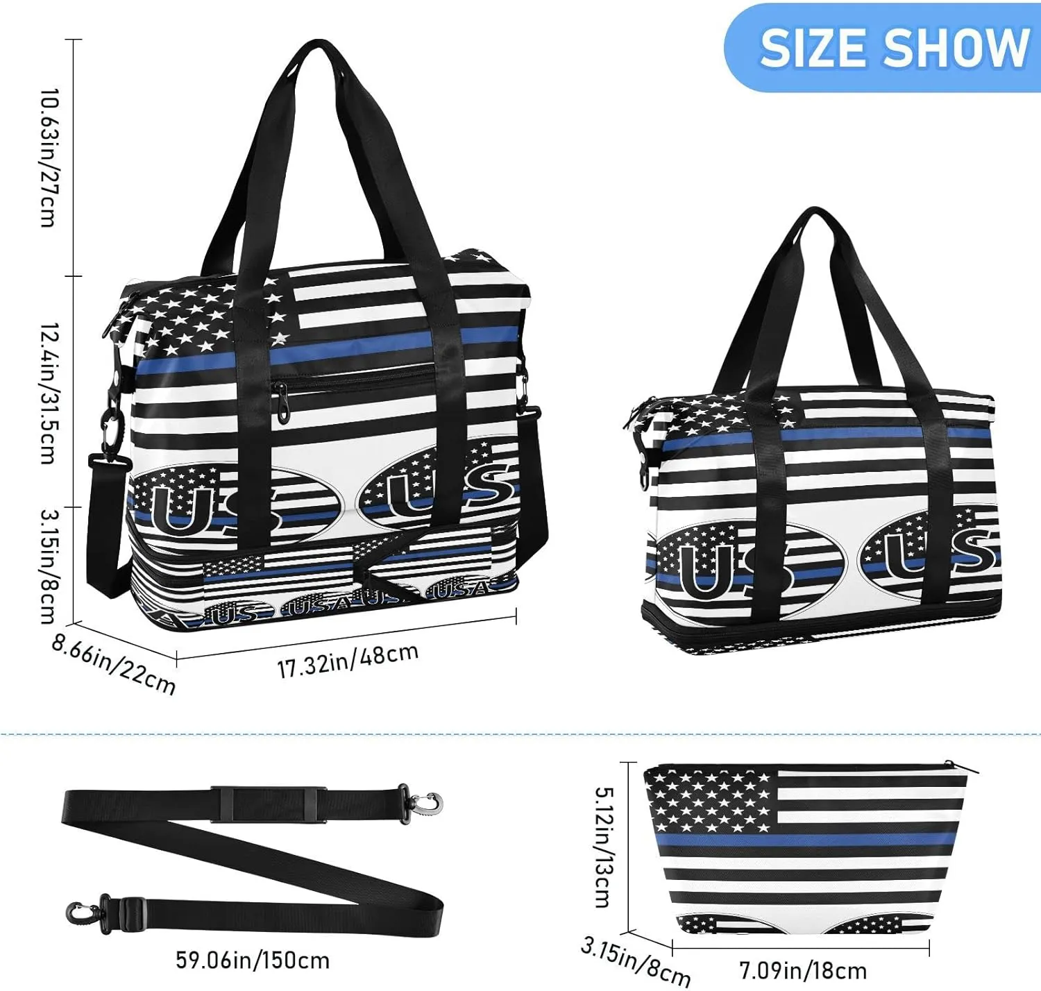 Sport Travel Duffle Bag Large Gym Tote Bag for Women,Usa Flag Thin Blue Line Flag Weekender Bag with Shoe Compartment,Ladies Beach Bag Overnight Bag Luggage Bag with Wet Bag