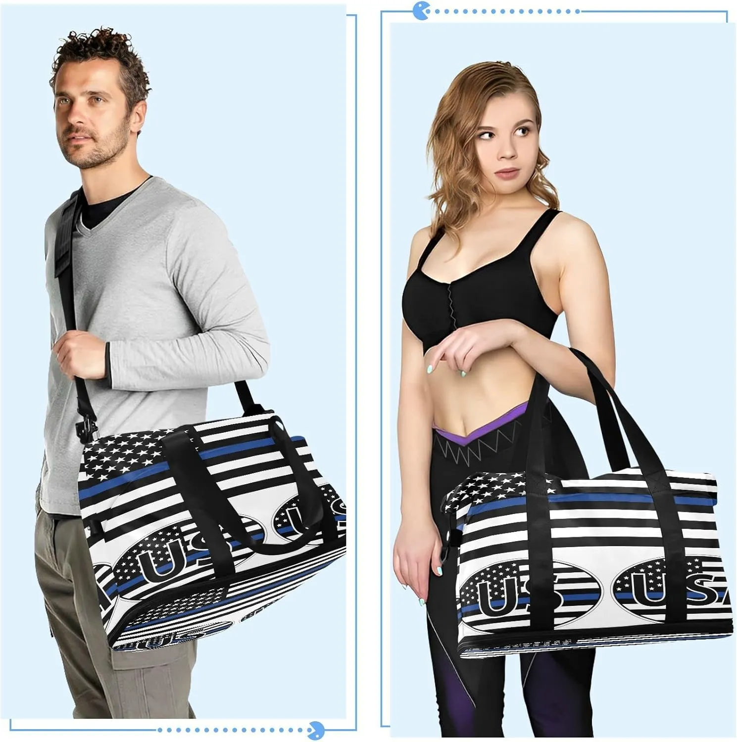 Sport Travel Duffle Bag Large Gym Tote Bag for Women,Usa Flag Thin Blue Line Flag Weekender Bag with Shoe Compartment,Ladies Beach Bag Overnight Bag Luggage Bag with Wet Bag