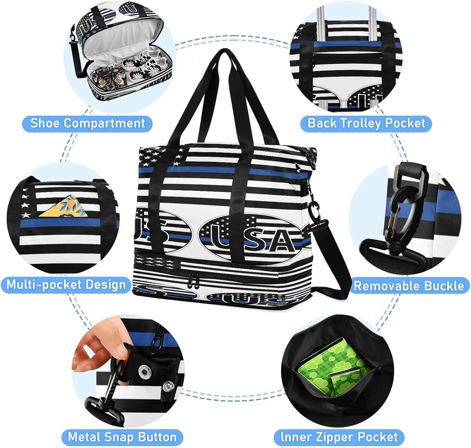 Sport Travel Duffle Bag Large Gym Tote Bag for Women,Usa Flag Thin Blue Line Flag Weekender Bag with Shoe Compartment,Ladies Beach Bag Overnight Bag Luggage Bag with Wet Bag