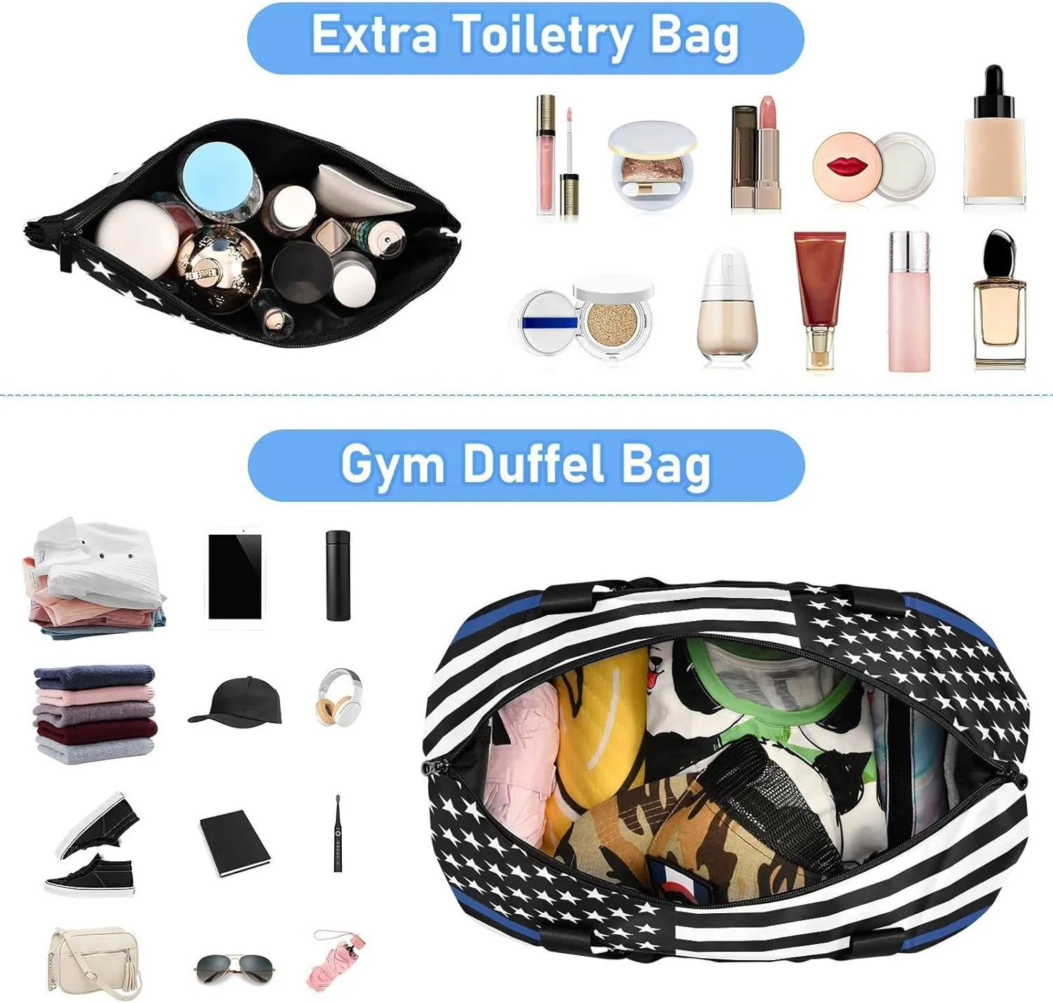 Sport Travel Duffle Bag Large Gym Tote Bag for Women,Usa Flag Thin Blue Line Flag Weekender Bag with Shoe Compartment,Ladies Beach Bag Overnight Bag Luggage Bag with Wet Bag
