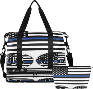Sport Travel Duffle Bag Large Gym Tote Bag for Women,Usa Flag Thin Blue Line Flag Weekender Bag with Shoe Compartment,Ladies Beach Bag Overnight Bag Luggage Bag with Wet Bag
