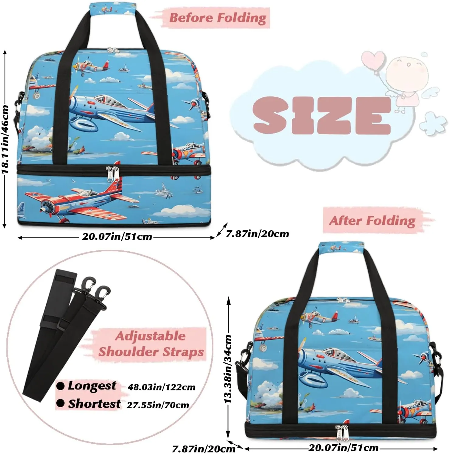 Sports Duffel Bag, Foldable Airplanes Travel Duffel Bag, Gym Yoga Beach Bag Weekender Overnight Bag with Shoes Compartment for Men Women, Flying Airplane