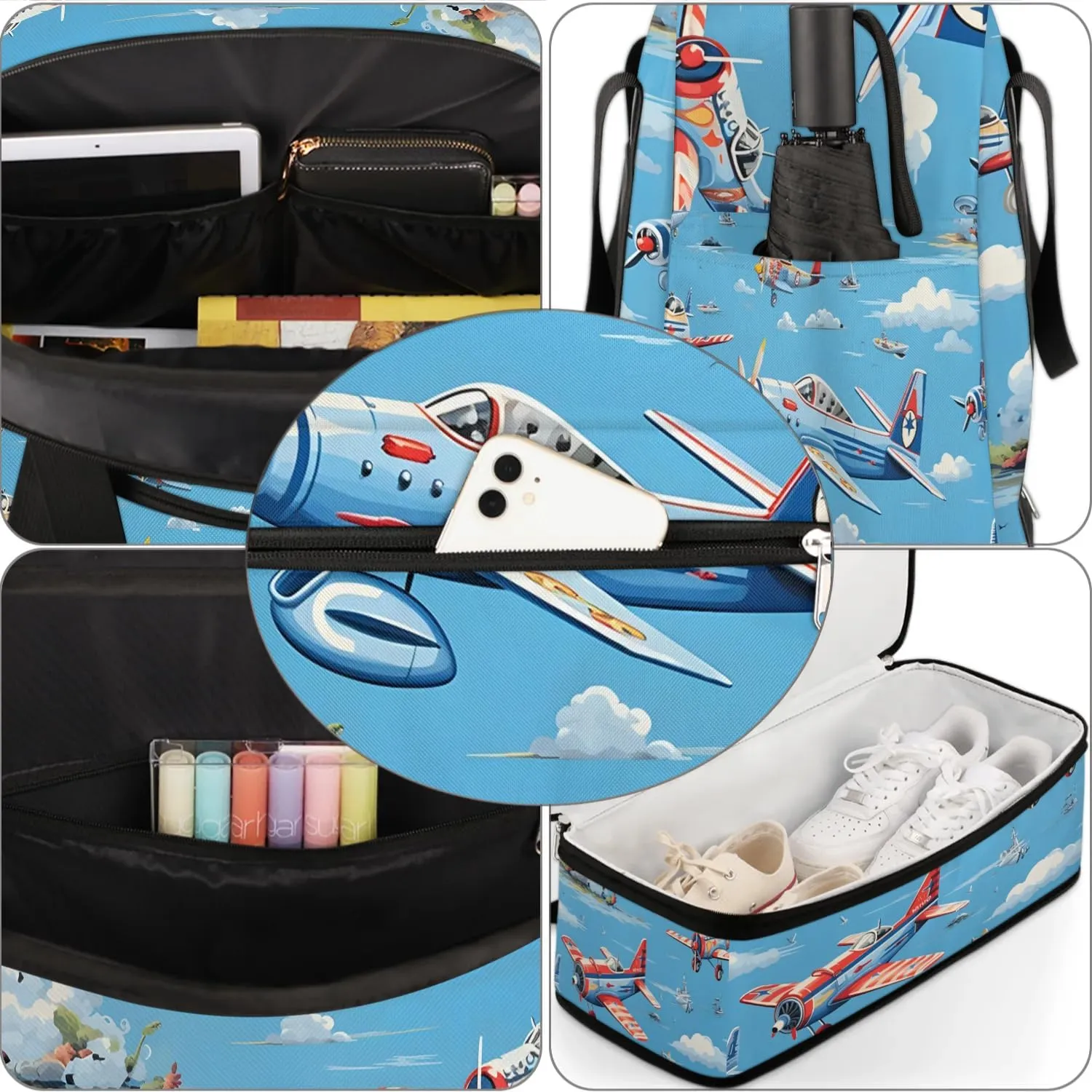 Sports Duffel Bag, Foldable Airplanes Travel Duffel Bag, Gym Yoga Beach Bag Weekender Overnight Bag with Shoes Compartment for Men Women, Flying Airplane
