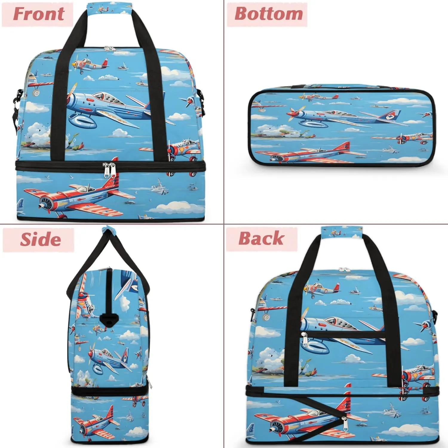 Sports Duffel Bag, Foldable Airplanes Travel Duffel Bag, Gym Yoga Beach Bag Weekender Overnight Bag with Shoes Compartment for Men Women, Flying Airplane