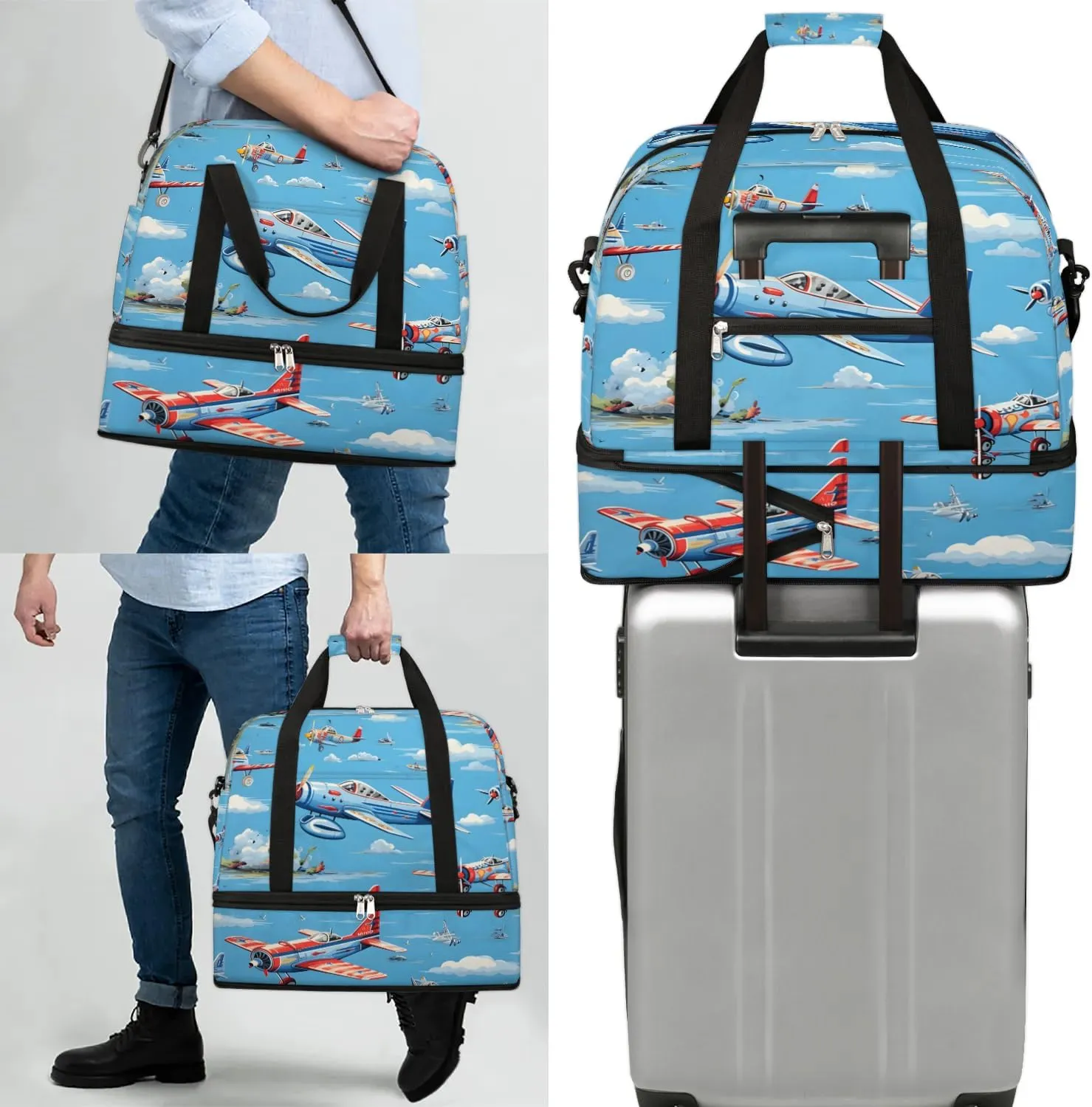 Sports Duffel Bag, Foldable Airplanes Travel Duffel Bag, Gym Yoga Beach Bag Weekender Overnight Bag with Shoes Compartment for Men Women, Flying Airplane