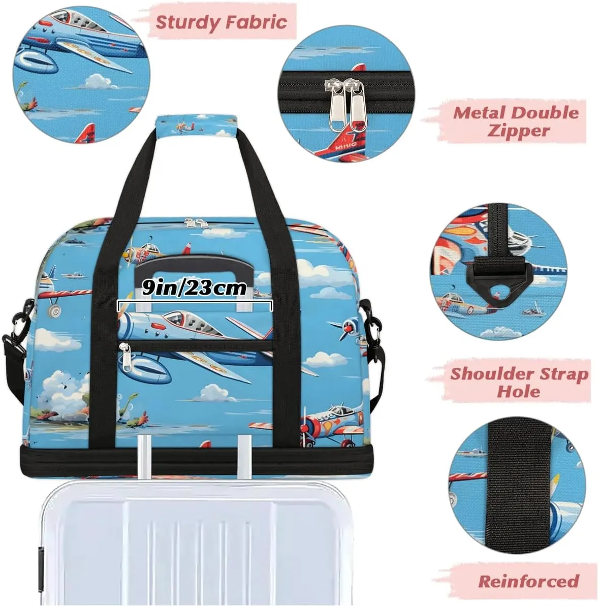 Sports Duffel Bag, Foldable Airplanes Travel Duffel Bag, Gym Yoga Beach Bag Weekender Overnight Bag with Shoes Compartment for Men Women, Flying Airplane