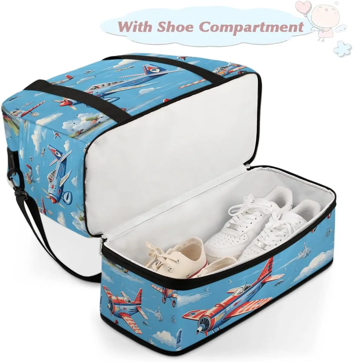 Sports Duffel Bag, Foldable Airplanes Travel Duffel Bag, Gym Yoga Beach Bag Weekender Overnight Bag with Shoes Compartment for Men Women, Flying Airplane