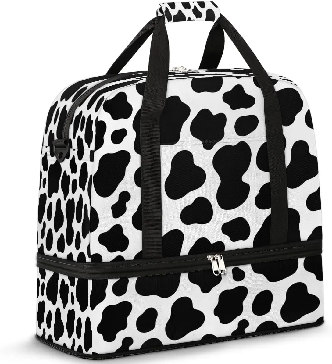 Sports Duffel Bag, Foldable Cow Print Travel Duffel Bag, Gym Yoga Beach Bag Weekender Overnight Bag with Shoes Compartment for Men Women, Milk Cow Cattle Skin