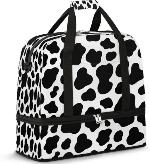 Sports Duffel Bag, Foldable Cow Print Travel Duffel Bag, Gym Yoga Beach Bag Weekender Overnight Bag with Shoes Compartment for Men Women, Milk Cow Cattle Skin