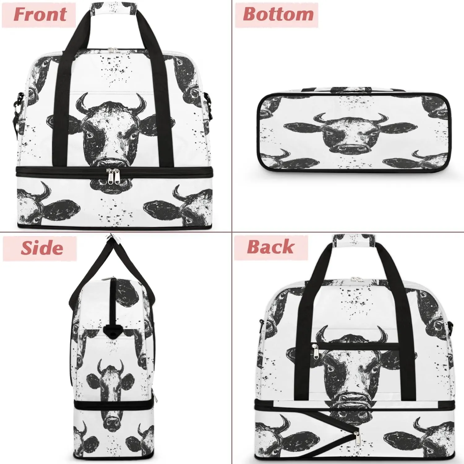 Sports Duffel Bag, Foldable Farm Cow Travel Duffel Bag, Gym Yoga Beach Bag Weekender Overnight Bag with Shoes Compartment for Men Women, Wild Animal Cow