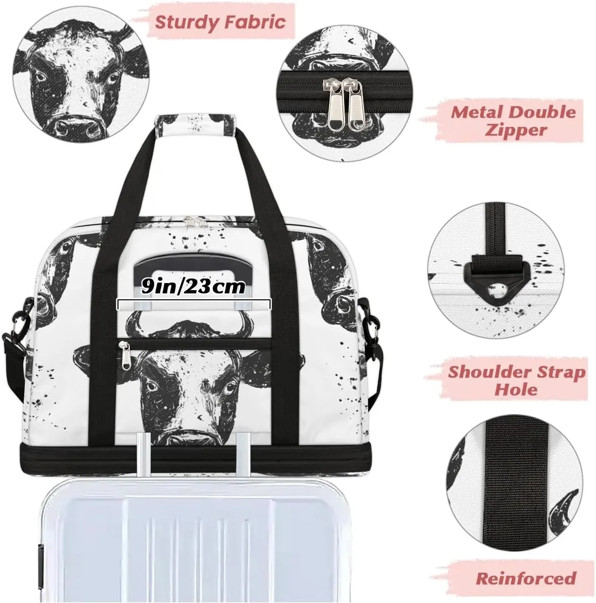 Sports Duffel Bag, Foldable Farm Cow Travel Duffel Bag, Gym Yoga Beach Bag Weekender Overnight Bag with Shoes Compartment for Men Women, Wild Animal Cow