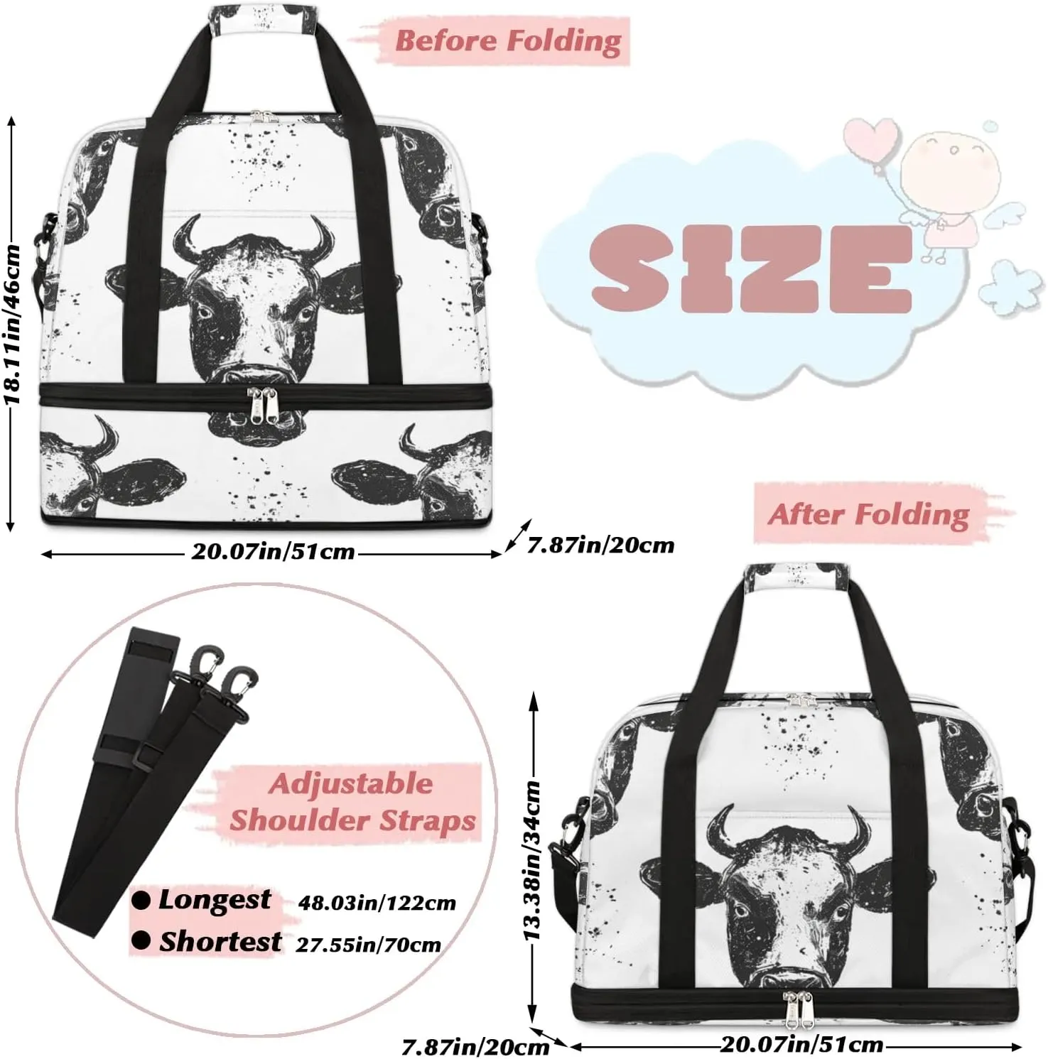 Sports Duffel Bag, Foldable Farm Cow Travel Duffel Bag, Gym Yoga Beach Bag Weekender Overnight Bag with Shoes Compartment for Men Women, Wild Animal Cow
