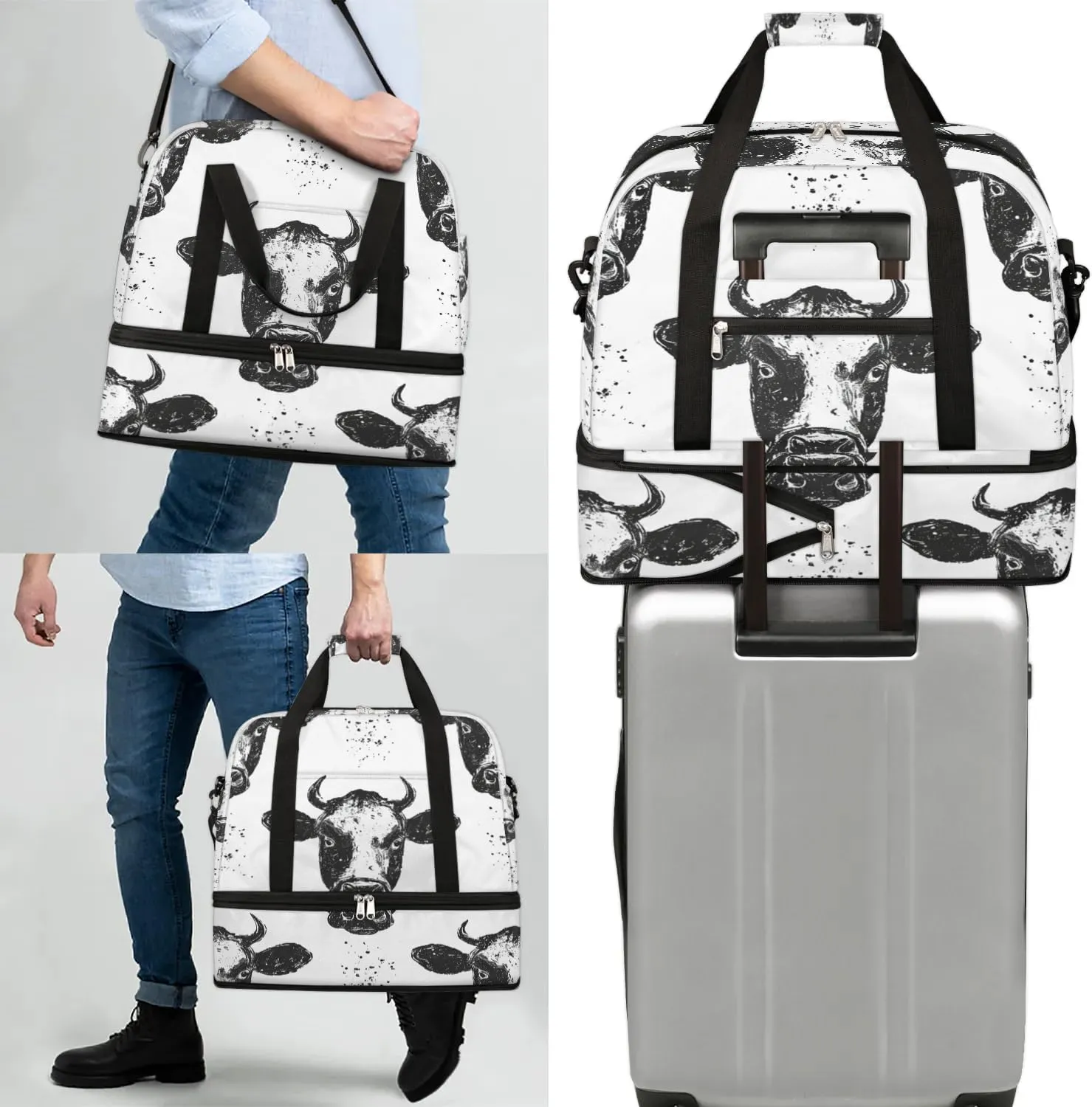 Sports Duffel Bag, Foldable Farm Cow Travel Duffel Bag, Gym Yoga Beach Bag Weekender Overnight Bag with Shoes Compartment for Men Women, Wild Animal Cow