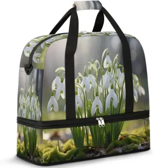 Sports Duffel Bag, Foldable Garden Flower Travel Duffel Bag, Gym Yoga Beach Bag Weekender Overnight Bag with Shoes Compartment for Men Women, White Wild Florals