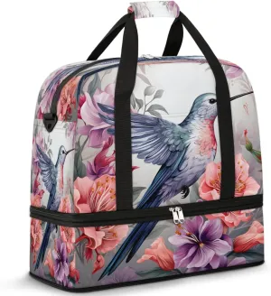 Sports Duffel Bag, Foldable Hummingbird Travel Duffel Bag, Gym Yoga Beach Bag Weekender Overnight Bag with Shoes Compartment for Men Women, Rural Flowers Bird