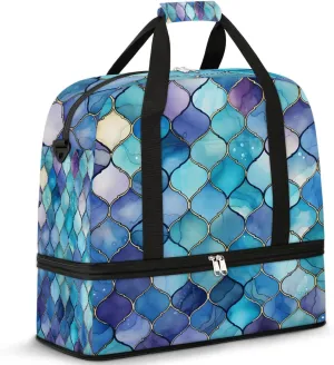 Sports Duffel Bag, Foldable Mermaid Fish Scales Travel Duffel Bag, Gym Yoga Beach Bag Weekender Overnight Bag with Shoes Compartment for Men Women, Colorful Glitter Fish Ocean