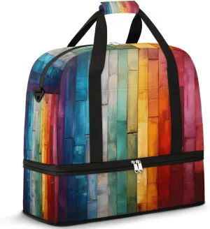 Sports Duffel Bag, Foldable Wood Grain Travel Duffel Bag, Gym Yoga Beach Bag Weekender Overnight Bag with Shoes Compartment for Men Women, Rainbow Stripes