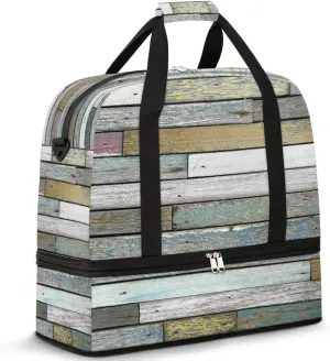 Sports Duffel Bag, Foldable Wood Grain Travel Duffel Bag, Gym Yoga Beach Bag Weekender Overnight Bag with Shoes Compartment for Men Women, Wooden Print