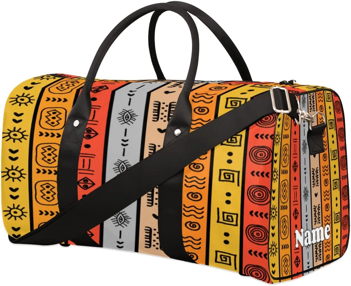 Sports Gym Duffel Bag Customized Name for Women & Men, Abstract African Egyptian Notes Waterproof Tote Beach Bag Foldable Personal Item Travel Bag for Weekender Overnight Dance Carry-On Bag